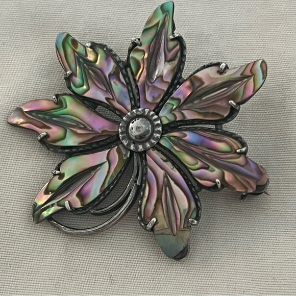 Sterling Silver 925 Paua or Abalone Flower Brooch MCM Hallmarked Iridescent - Picture 3 of 6